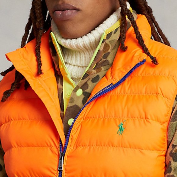 NWT POLO RALPH LAUREN MEN'S NEON PACKABLE DOWN VEST ORANGE NAVY BLUE $240‎ - Picture 2 of 10